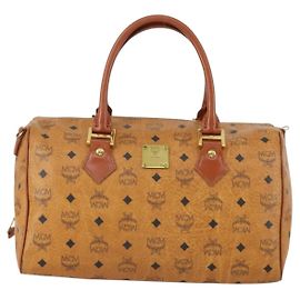 Bolsa de mão em lona e couro com logotipo Visetos da MCM Marrom