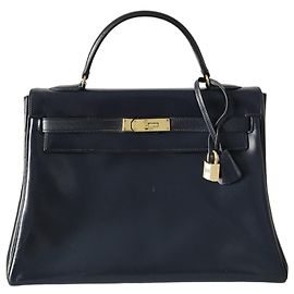 Hermès Bolsa Hermes Kelly 32 em couro box azul marinho Azul marinho