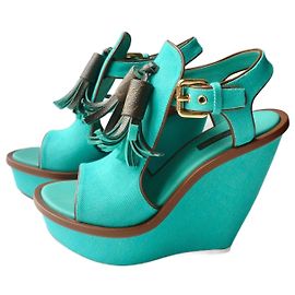 LOUIS VUITTON Turquoise Green Wedge Sandals Canvas Size 39 Excellent Condition Turquoise