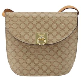 Céline Celine Vintage Macadam Shoulder Bag Canvas Medium Beige