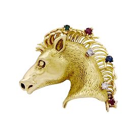 Autre Marque "Pferdekopf" Brosche, Gelbgold, Diamanten, Rubine, Saphir und Smaragd. Andere