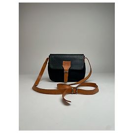 Borsa a spalla in pelle monogramma vintage Courreges nera e marrone Nero