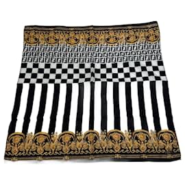 Vintage Fendi Abstrakter Schal Schwarz Weiß Gold Schwarz