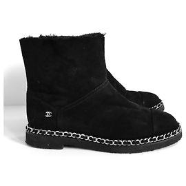 Chanel Chain Trim Shearling Lined Ankle Boots Black