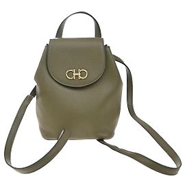 Salvatore Ferragamo Gancini Backpack Leather Mini Khaki