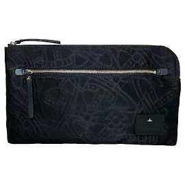 Vivienne Westwood ORB Emboss Nylon Leather Clutch Bag Black