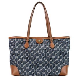 GUCCI Ophidia GG Denim Medium Tote Bag Braun Dunkelblau