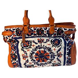 Sacola tote Escada em couro laranja e tecido estampado Branco Vermelho Azul Laranja
