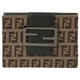Fendi Zucchino FF Logo Leather Canvas Bifold Wallet Brown