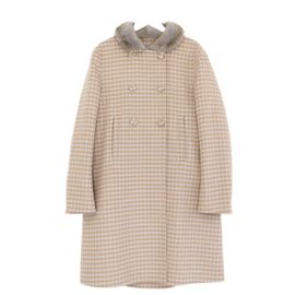Prada Fall 2015 Checked Wool Coat With Fur Collar Beige