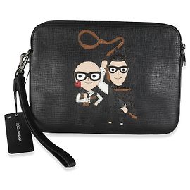 Dolce & Gabbana Black Textured Leather Cowboy Men Patch Double Zip Pouch Black