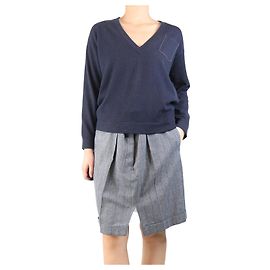 Brunello Cucinelli Dunkelblauer Kaschmir-V-Ausschnitt-Pullover mit Tasche - Größe M Blau