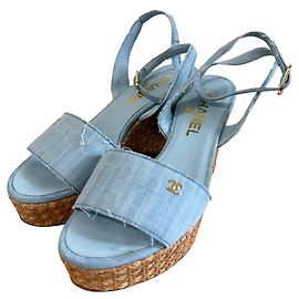 Chanel Coco Mark Wedge Sandals Blue