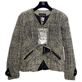 Chanel 10A Shanghai Shearling Tweed CC Grau Schwarz Lederbesatz Jacke Mantel Größe FR 36 Schwarz Weiß Grau