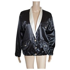 Chanel Black Satin Bomber Jacket with White Collar S/S 2021 Black