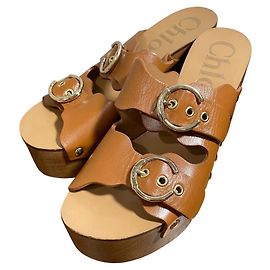 Chloé Sandales Mules à Talons en Cuir Cloutées Chloe Marron