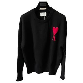 Ami Paris Ami de Cœur Rundhals-Pullover aus schwarzer Merinowolle T.S Schwarz Rot