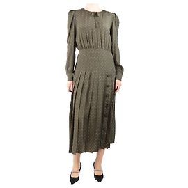 Alessandra Rich Vestido midi de seda caqui com bolinhas - tamanho UK 10 Verde