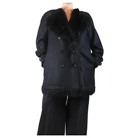 Comme Des Garcons Schwarzer Kunstfell gefütterter Lurex-Thread-Mantel - Größe L Schwarz