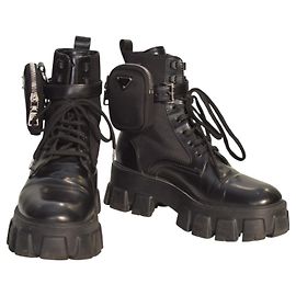 Prada Monolith Kampfstiefel aus schwarzem Re-Nylon-Leder Größe 38,5 mit abnehmbarem Beutel Blau