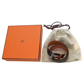 Cinto Reversível Hermès H 32mm em Couro Togo Preto e Laranja com Fivela Prata Tamanho 80 Preto