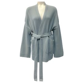 Loro Piana offener Pullover aus hellblauem Kaschmir Parksville Amber mit Gürtel Blau