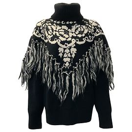 Schwarzer / weißer Wollrollkragenpullover mit Fransen von Sacai Schwarz