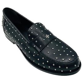 Tory Burch Black / Silver Studded Classic Leather Loafers Black
