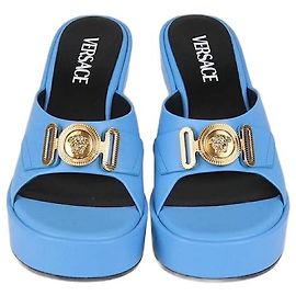 Versace Light Blue Leather Biggie Platform Mules Other