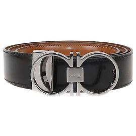 Salvatore Ferragamo Salvatore Black/Brown Glossy Leather Reversible Gancini Buckle Belt Brown Black