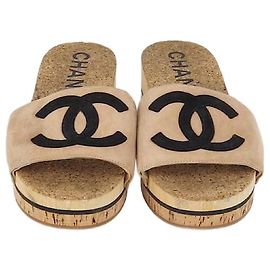 Chanel Tan/Black Suede CC Cork Mule Sandals Black Beige