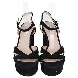 Miu Miu Black Suede Crystal Heeled Platform Ankle Strap Sandals Black