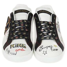 Weiße Leder Sneaker mit Druck Dolce & Gabbana Weiß