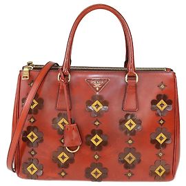 Prada Brick Red Patent Leather Medium Floral Applique Double Zip Tote Other