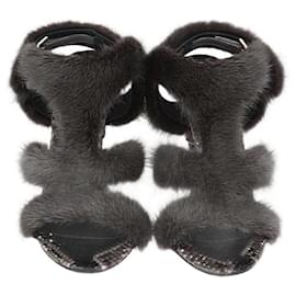 Salvatore Ferragamo Grey Fur & Python Ankle Strap Sandals Grey