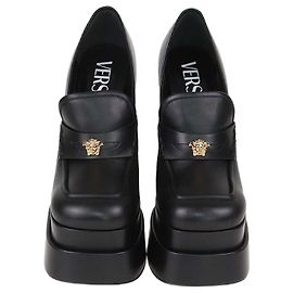 Versace Schwarze Leder Aevitas Plattformslipper Schwarz