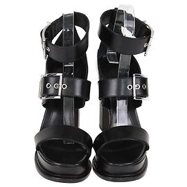Alexander McQueen Black Leather Platform Buckle Sandals Black