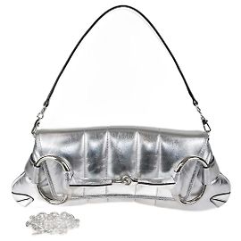 Bolsa de ombro média em couro prateado com corrente Horsebit da Gucci Prata