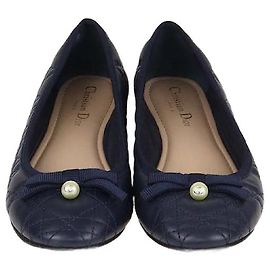 Sapatilhas de balé em couro Cannage azul marinho com laço de pérola Christian Dior Azul marinho