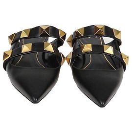 Valentino Black Leather Roman Stud Flat Mules Black