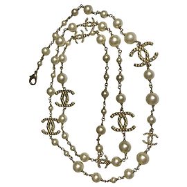 Collar Chanel 10A Shanghai Extra Largo Perlas Doradas 8 Logo CC Blanco Gold hardware