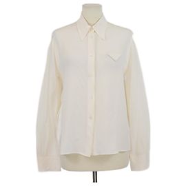 Camisa de seda creme com detalhe triangular de manga longa Prada Cru