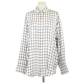 Loewe Grey/White Silk Oversized Checkered Patterned Long Sleeve Shirt White Grey
