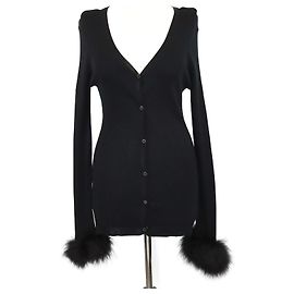 Prada Black Silk Turkey Feather Cuffs Ribbed Knit Long Sleeve Cardigan Black