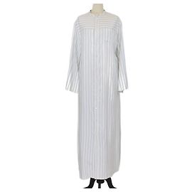 Céline Celine White Silk Striped Tunic Three Quarter Sleeve Maxi Dress White