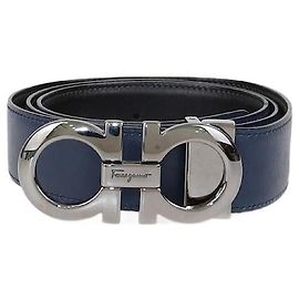 Salvatore Ferragamo Navy Blue/Black Leather Reversible Gancini Buckle Belt Black Navy blue