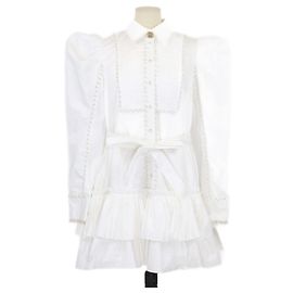 Maje Vestido Mini Florence em Popeline de Algodão Marfim com Acabamento em Pérolas Aje Cru