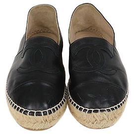 Chanel Black Leather CC Cap Toe Espadrille Flats Black