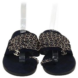 Chanel Navy Blue Suede and Leather Chain Links Flat Slides Navy blue