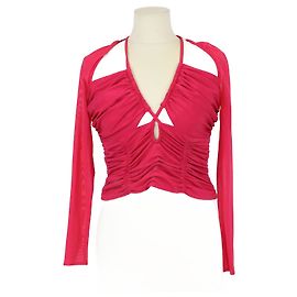 Self portrait Self-Portrait Fuchsia Jersey Ruched Mesh Sleeve Cut Out Top Fuschia